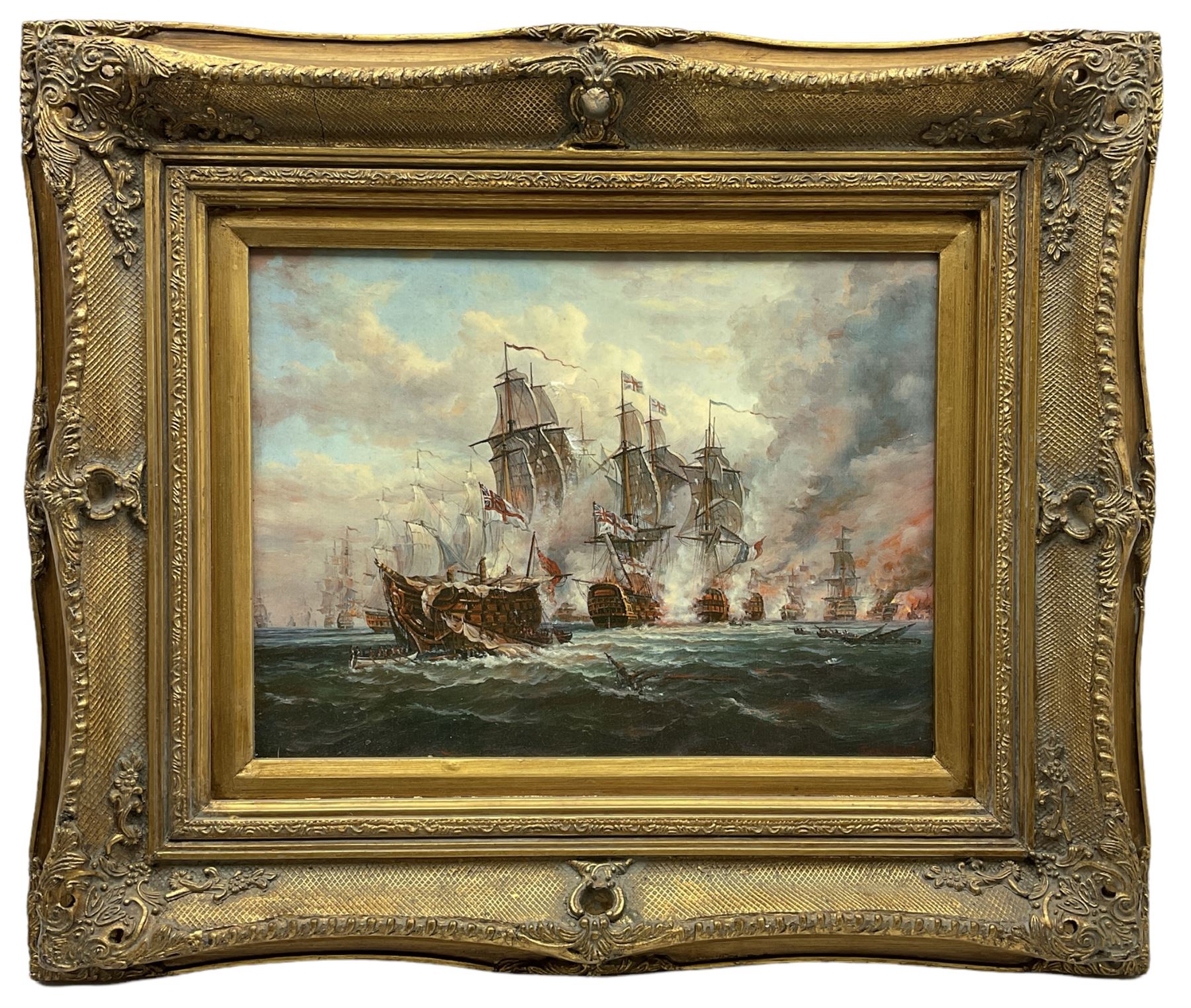 After Jacob Knyff (Dutch 1639-1681): 'Battle of Trafalgar', 20th century oleograph 29cm x 40cm in heavy gilt frame