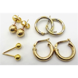  Two pairs 9ct gold hoop ear-rings, two pairs 9ct stud ear-rings approx 5.1gm and a 22ct gold ring approx 1gm, three wristwatches, silver band, whistle and turquoise cross on chains  