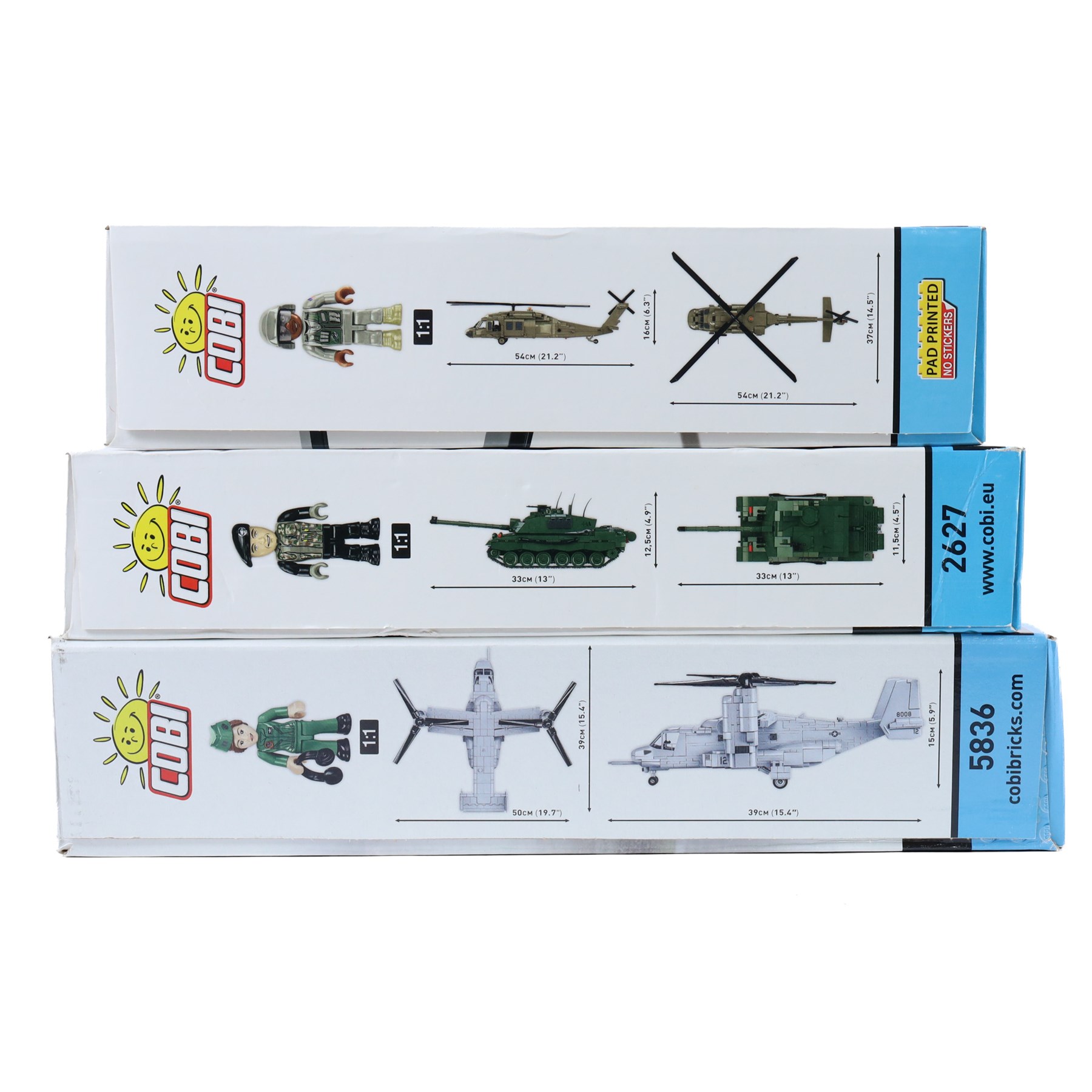 Three Cobi Bricks Armed Forces sets, comprising 1:32 scale no. 5906 Sikorsky UH-60 Black Hawk, 1:35 scale no. 2627 Challenger 2 and 1:48 scale no. 5836 Bell Boeing V-22 Osprey, all in sealed boxes