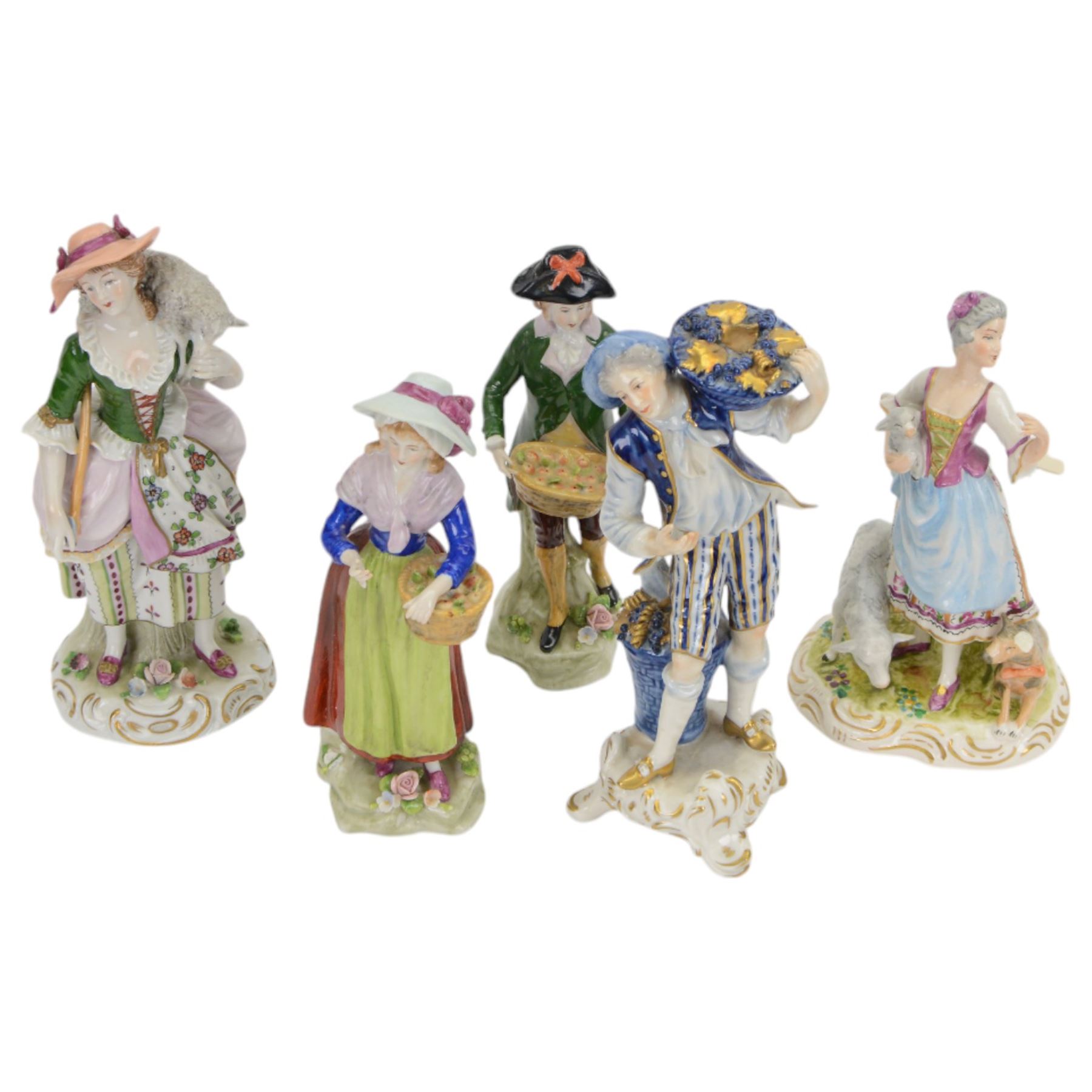 Sitzendorf figure modelled as a shepherdess, together with pair of apple sellers and other continental figures