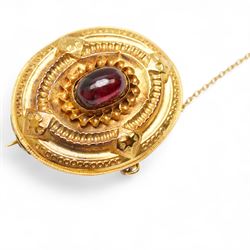 Victorian gold garnet brooch, with glazed back, 9ct gold blue stone set brooch and a 9ct Welsh Dragon pin