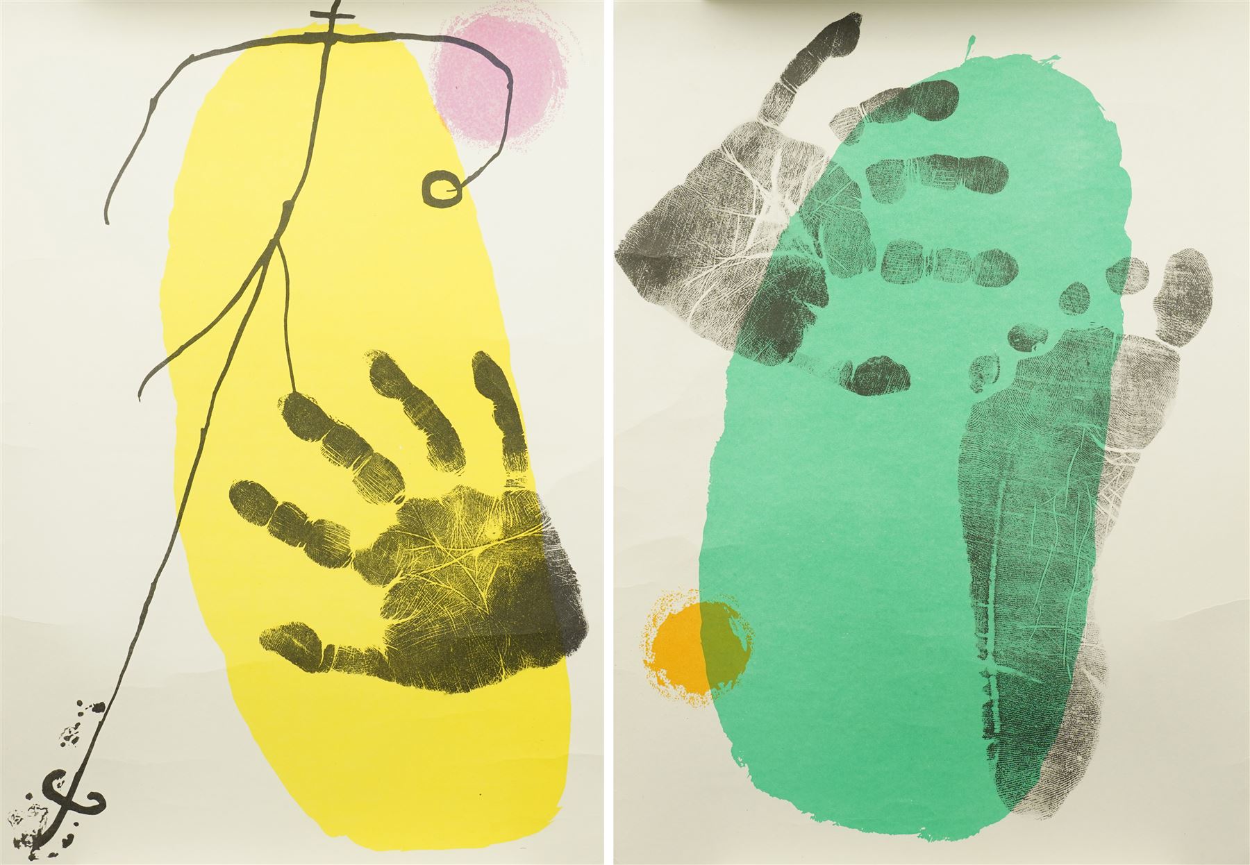 After Joan Miro (Spanish (Catalan) 1893-1983): Composition - Yellow Hand & Green Feet, pair colour lithographs pub. Derriere Le Miroir c.1956, 38cm x 27cm (2)