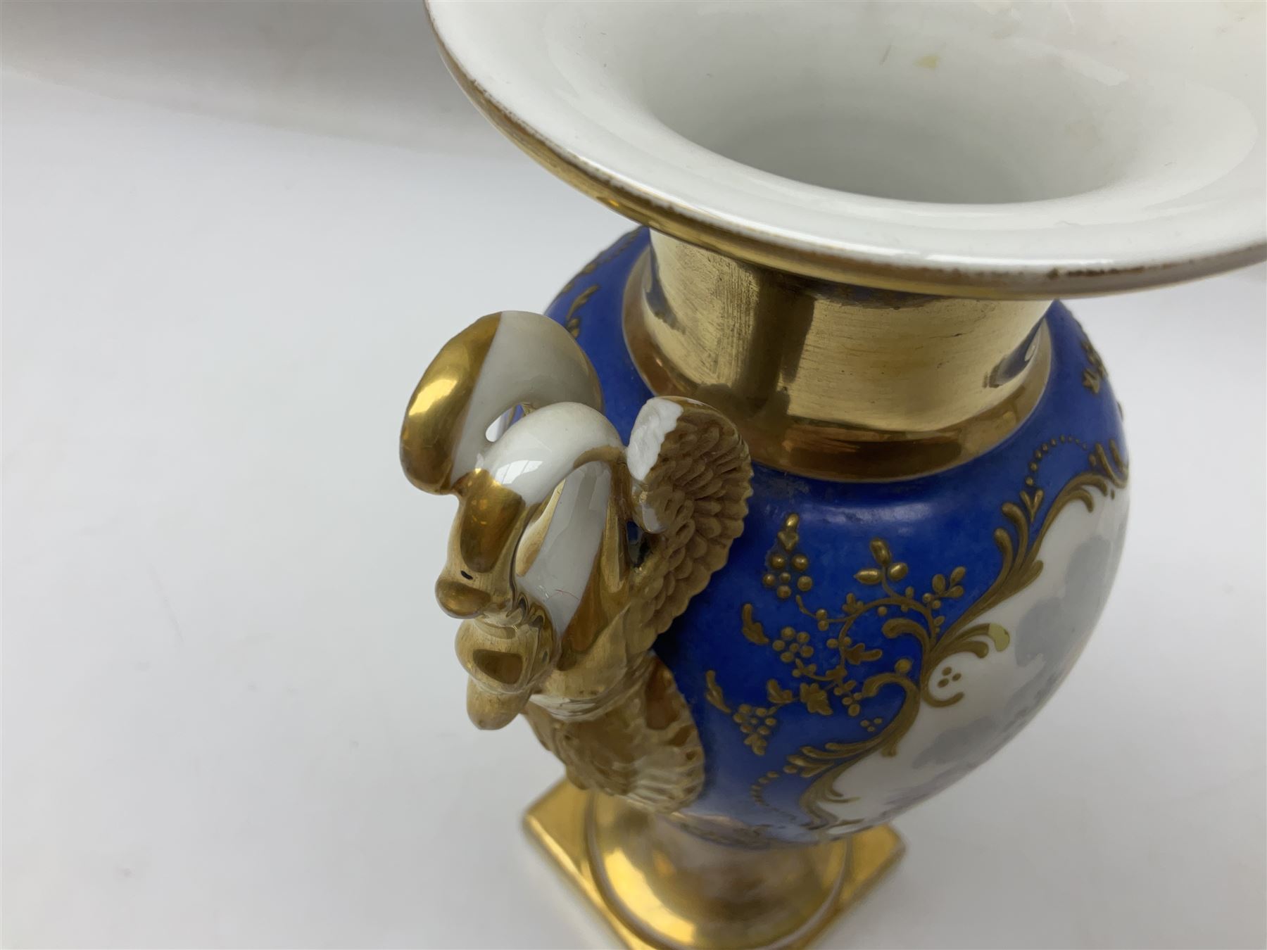 Devonport imari pattern comport set, comprising two tall comports and three low comports, together with twin handled pedestal ovoid vase, decorated with landscape with gilt swan handles, vase H25cm