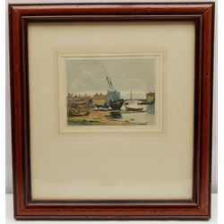 Claude Hamilton Rowbotham (British 1864-1949): 'Low Tide Whitby Harbour' and 'At Cockington South Devon', two coloured etchings with aquatint signed in pencil, titled in the plate 11cm x 15cm and 6cm x 10cm (2) (one unframed)