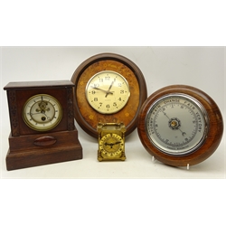  Early 20th century oak cased mantle clock with a visible escapement, H24cm small brass cased Smiths clock, mid 20th century aneroid barometer in oak case and a wall clock (4)  