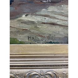 Hans Holzapfel (German 1884-1960): Monk Sweeping a Courtyard, oil on canvas mounted onto board signed 36cm x 20cm