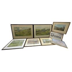 Lionel Edwards (British 1878-1966): pair of hunting prints signed in pencil; After Robert Hugh Buxton (1871-c1965): 'A Check in the Valley' and 'Over Hill and Dale', pair chromolithographs; Samuel Buck (British 1696-1779): 'The South View of Harlsey Castle near Northallerton Yorkshire', engraving; together with two further hunting prints and a Peter Scott print (8)