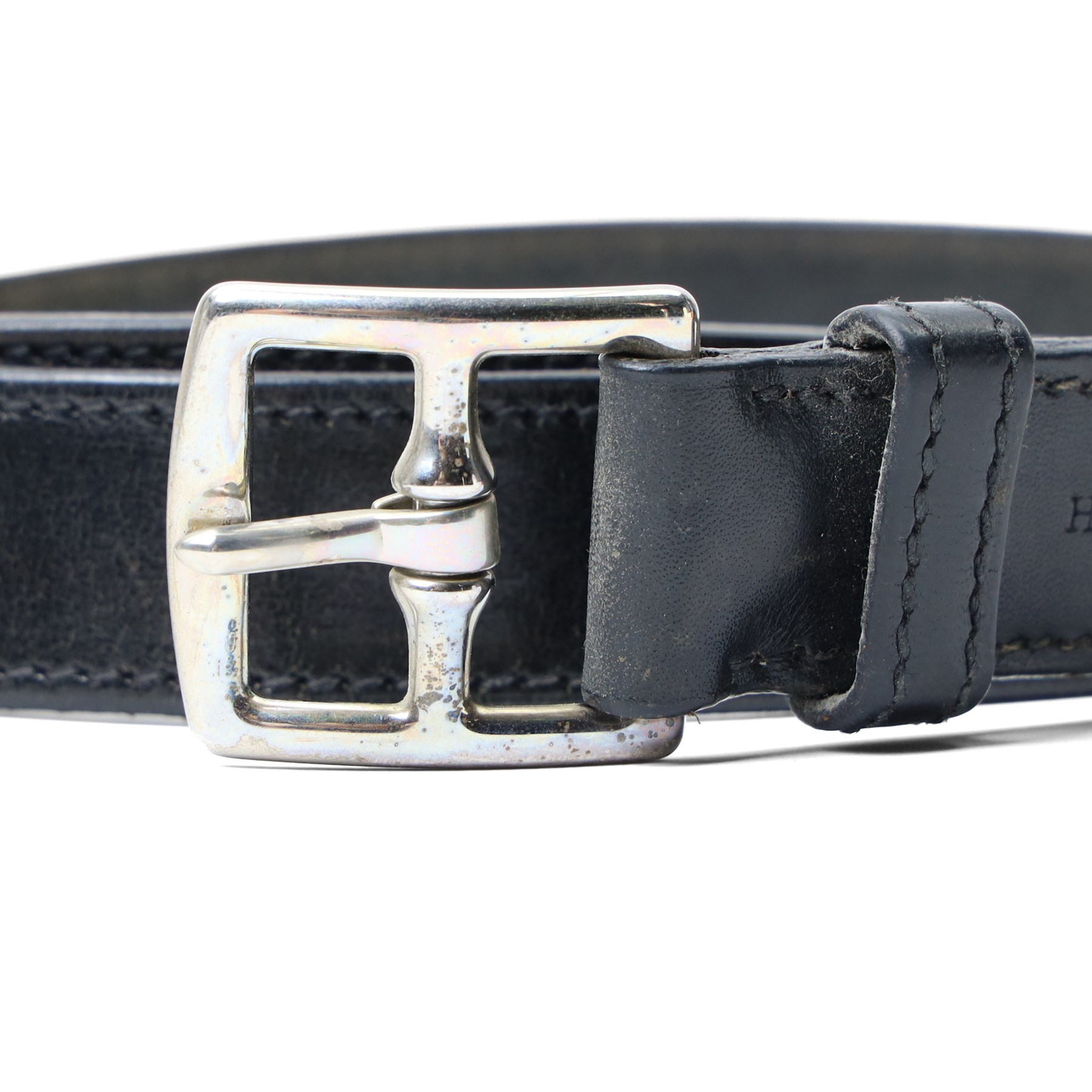 Hermès - vintage black leather belt, with silver-tone rectangular pin buckle and stitched edging, stamped HERMÈS; with additional Hermes reversible black and brown belt (no buckle), size 80