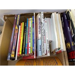 Collection of comics and graphic novels, to include The Penguin Book Of Comics paperback book by George Perry and Alan Aldridge, The Best of Li'l Abner, A Game of Thrones, together with film reference books etc, in four boxes  
