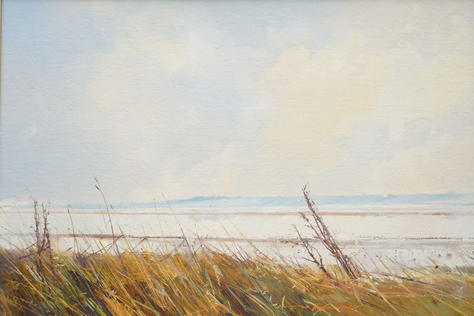Tom Harland (Yorkshire 1945-2012): 'Calm on the Humber', oil on board signed, titled verso 30cm x 44cm
Provenance: with Ladygate Gallery, Beverley