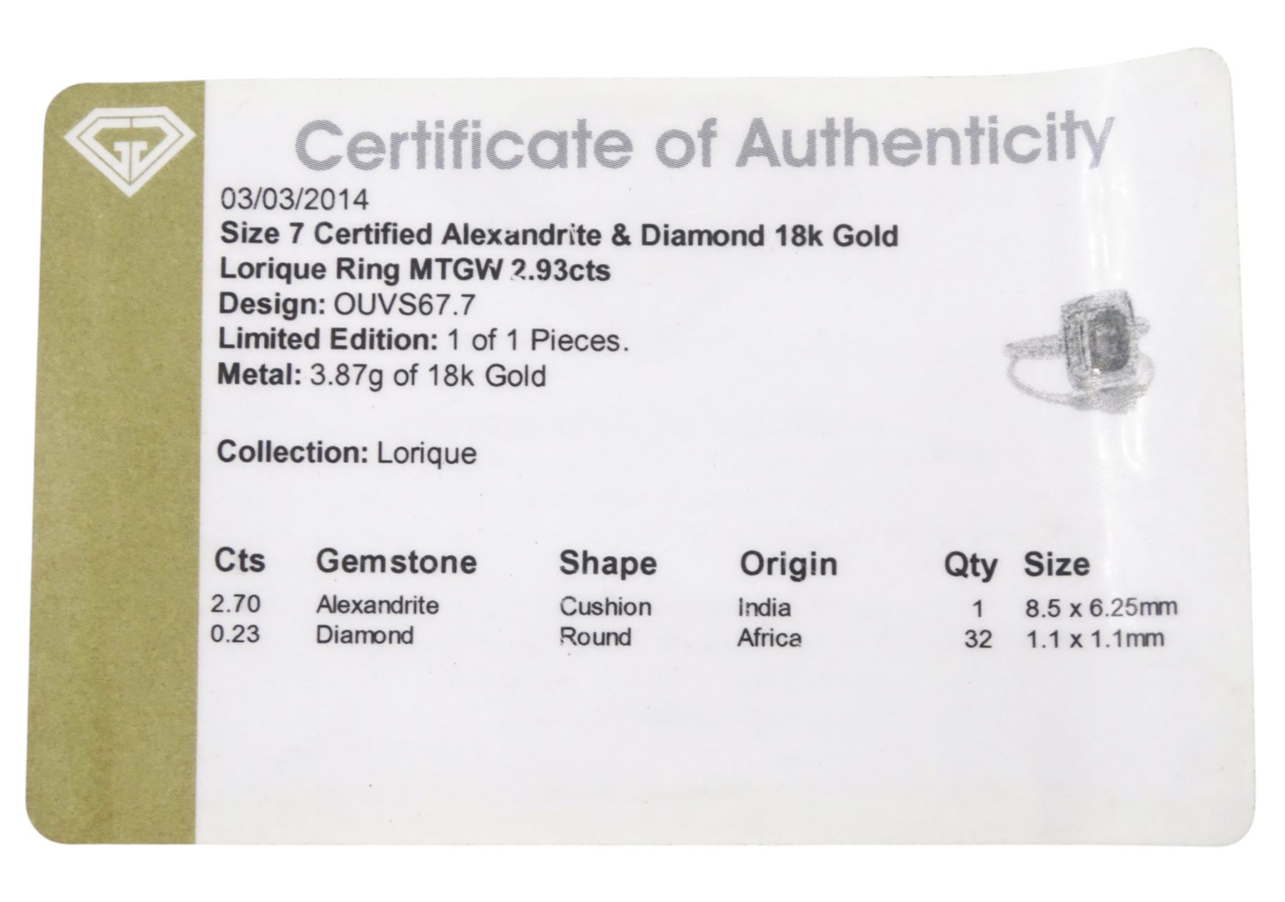 18ct gold alexandrite and diamond cluster ring by Lorique, single cushion cut alexandrite of 2.70 carat, with round cut diamond surrounded, Birmingham 2013, boxed with certificate
