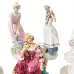 Collection of Royal Doulton figures, including miniatures The Balloon Seller HN2130, The Old  Balloon Seller HN2129, Good King Wenceslas etc, together with a Coalport figure and others 
