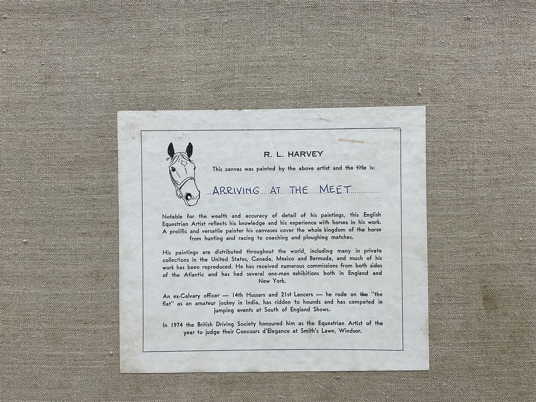 Reginald Llewellyn Harvey (British 1888-1973): 'Arriving at the Meet', oil on canvas signed, titled on label verso 49cm x 74cm 