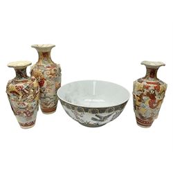 Three satsuma vases, together with a large bowl, largest vase H37cm