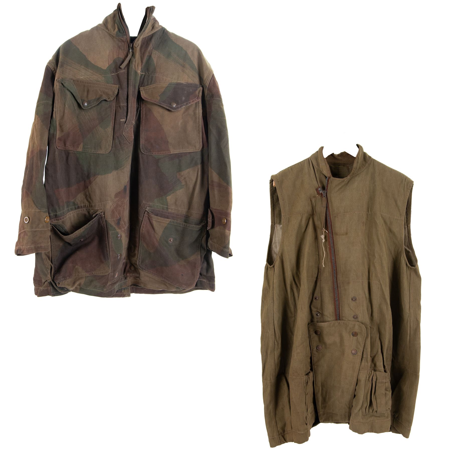 WWII British parachute regiment dennison smock with four front pockets, half zip and crutch strap size 3 dated 1944, together with over smock, with two pockets and crutch strap, size 2 dated 1944