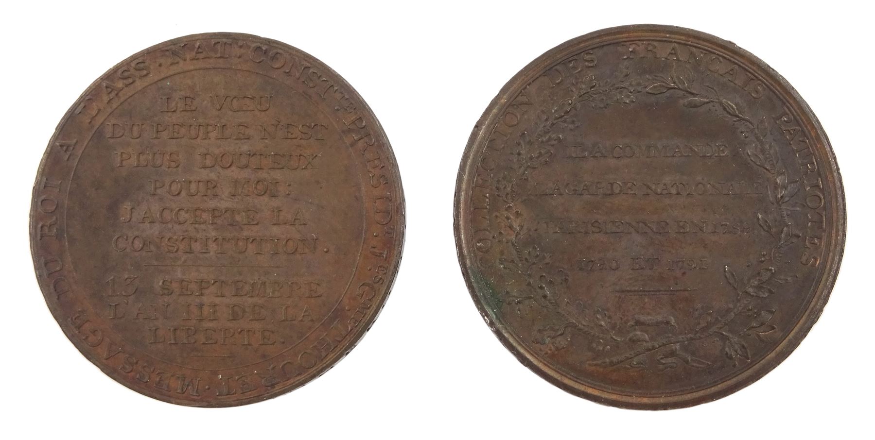 Two French medallions, commemorating  General Lafayette 1791 and commemorating the Acceptance of Louis XVI of the New French Constitution on 14 September 1791 
