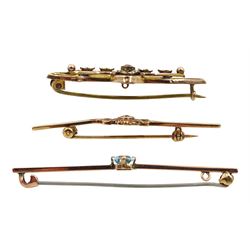 Edwardian gold garnet and seed pearl bar brooch, diamond bar brooch and one other, all 9ct stamped or tested (3)