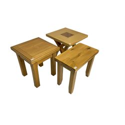 Square light oak side table with two-tone top on curved x-frame supports (55cm x 55cm x 55cm), rectangular oak side table on square tapering supports (60cm x 35cm x 54cm), and square light oak side table on square chamfered supports (50cm x 50cm x 55cm)