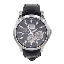Seiko Premier kinetic perpetual gentleman's stainless steel wristwatch, on original black leather strap with fold-over clasp, boxed with original receipt dated 2009