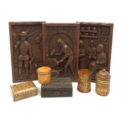 A selection of assorted wooden items, comprising four tier spice tower, H25cm, treen jar and cover, H7.5cm, a carved figural triptych, H39cm, etc. 