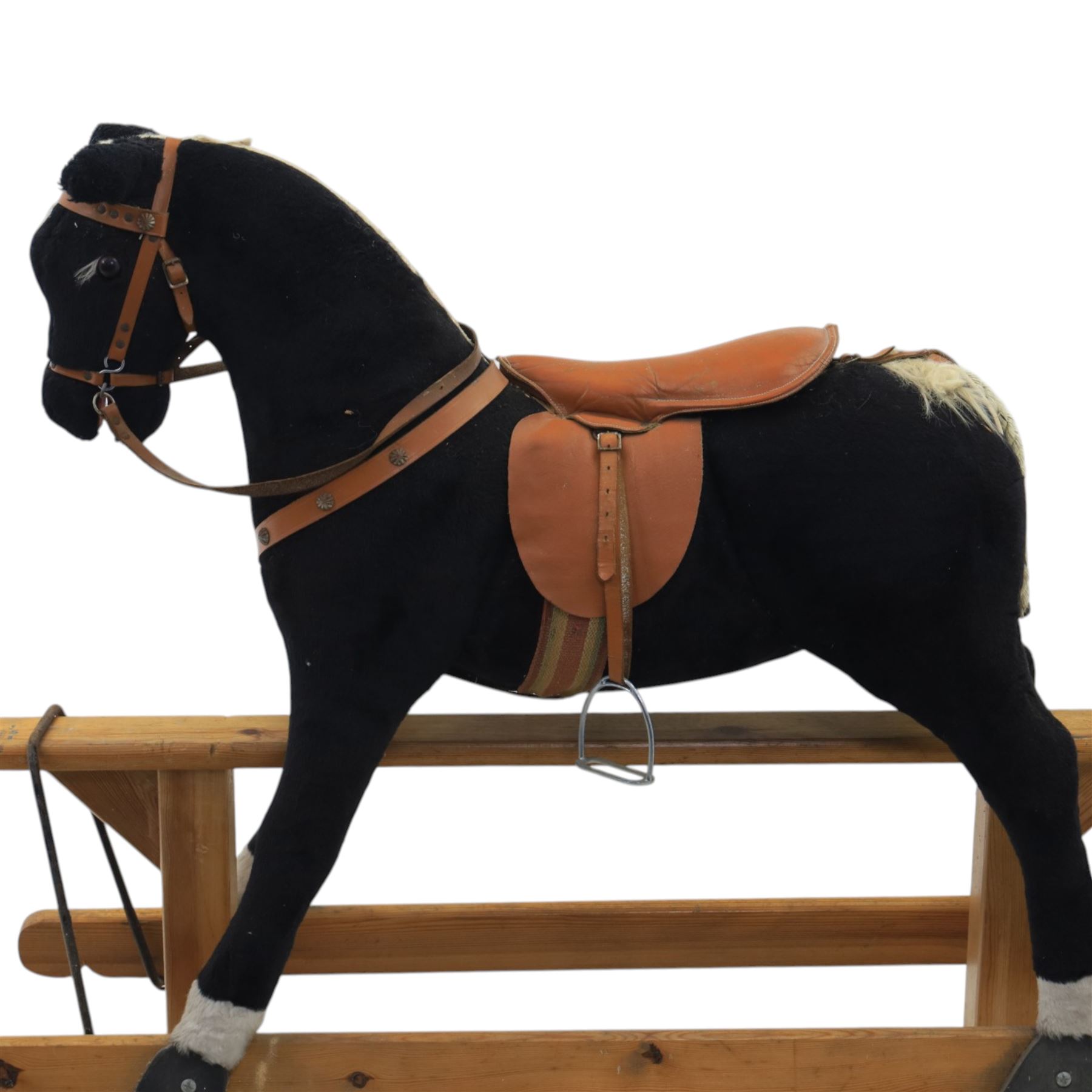 Vintage rocking horse on pine trestle base, early to mid 20th century