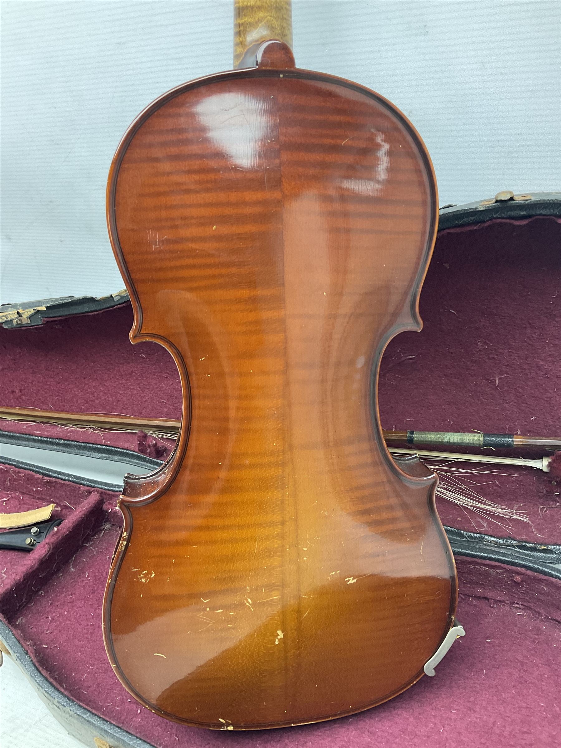 German trade violin 1950s with 36cm two-piece maple back and ribs and spruce top, bears label 'Johann Stainer in Absam prope Oenipontum 1650' L59cm; in carrying case with bow impressed Tourte