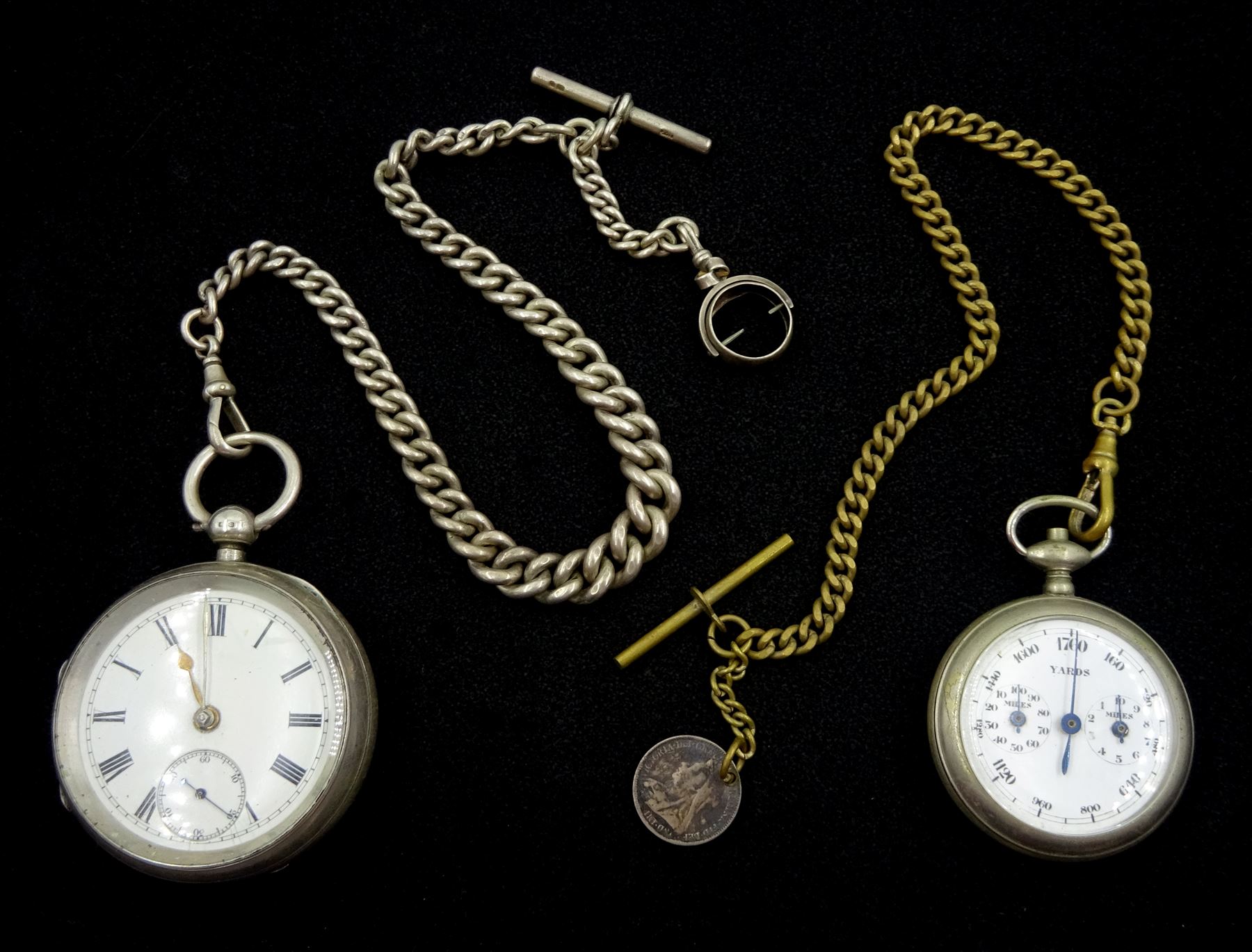 Victorian silver open face key wound English lever pocket watch, No. 72794, case by Thomas Mills, Chester 1892, with a Victorian silver tapering Albert chain and a French nickel cased Pedometer
