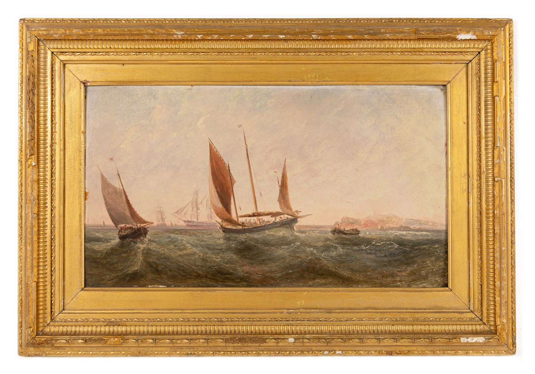 English School (19th century): Fishing Smack and other Shipping off the Coast, oil on board unsigned 19cm x 34.5cm