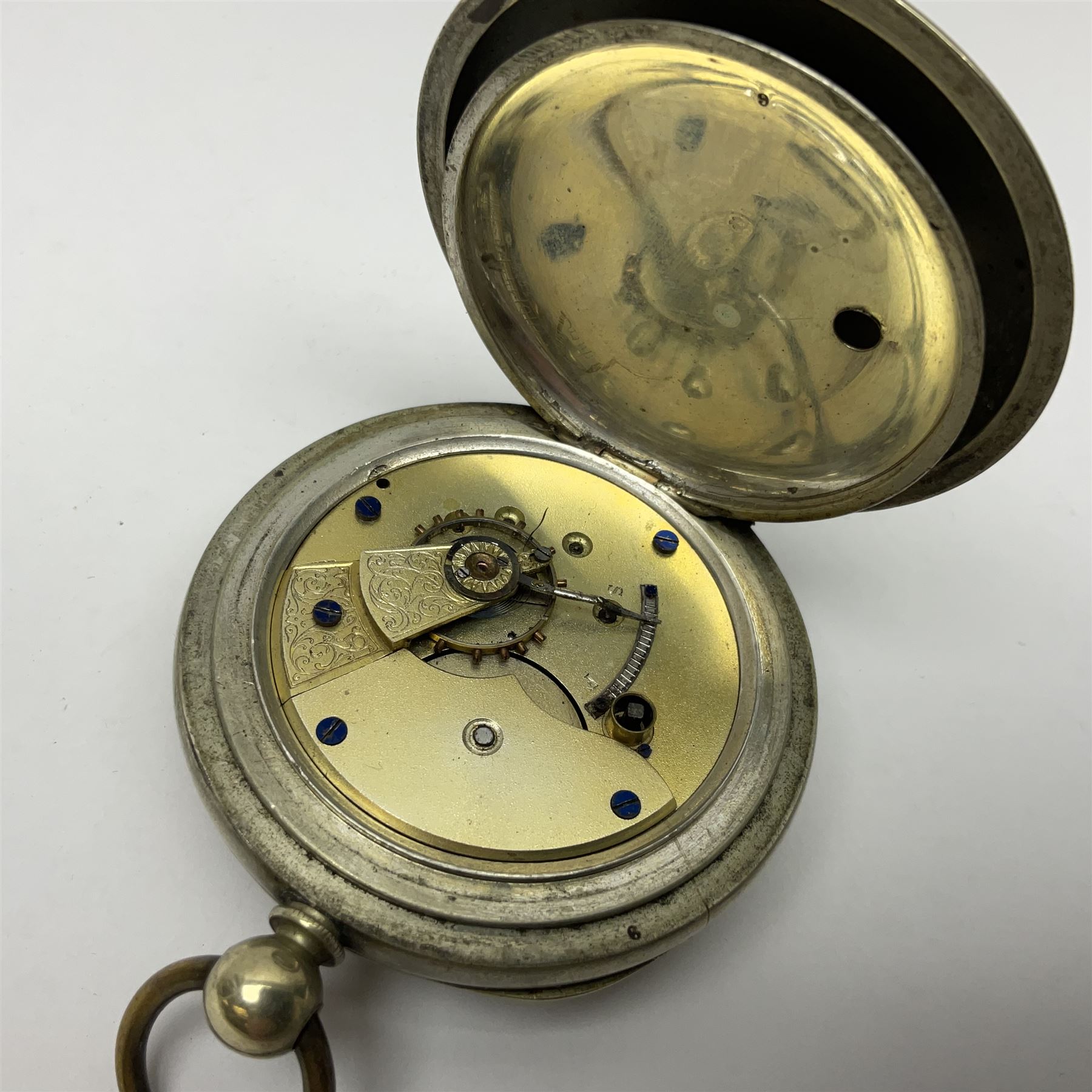 White metal pocket watch, the enamel dial with Roman numerals and blued-steel hands, inscribed R Jacobs Hull, Swiss Made, with subsidiary second dial, the inner cover verso impressed Pure White Metal Swiss