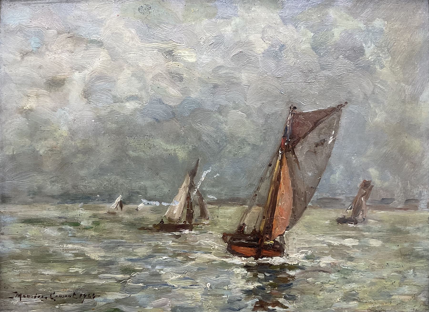 Maurice Courant (French 1847-1925): Sail Boats Off the French Coast, oil on board signed and dated 1923, 23cm x 33cm 
