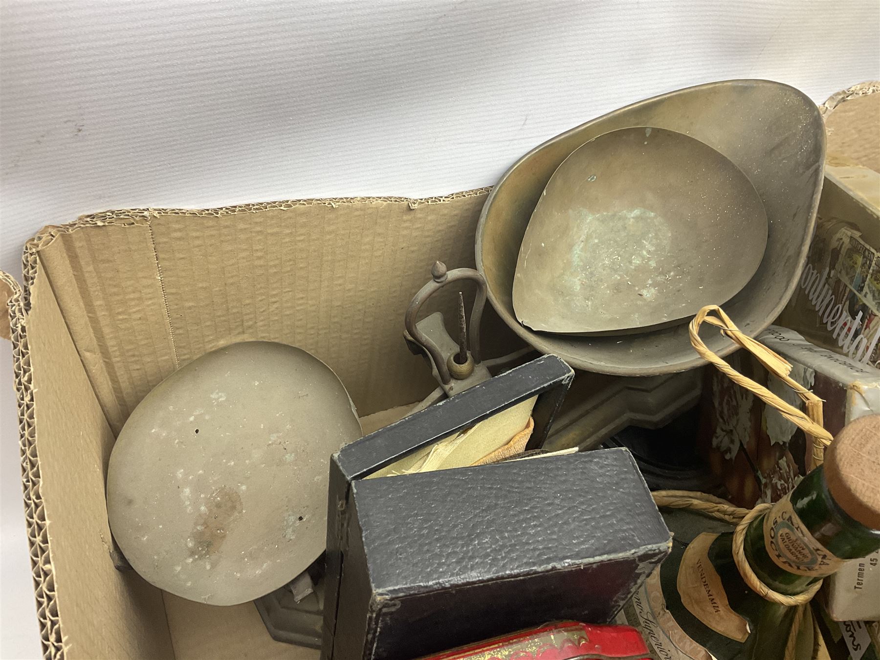 Clear glass demijohn / carboy, four wine bottles with wicker baskets, W T Avery & Co scales, Singer sewing machine, quantity of costume jewellery, trophy stand with silver-plate shields, quantity of vinyl records, stamps etc