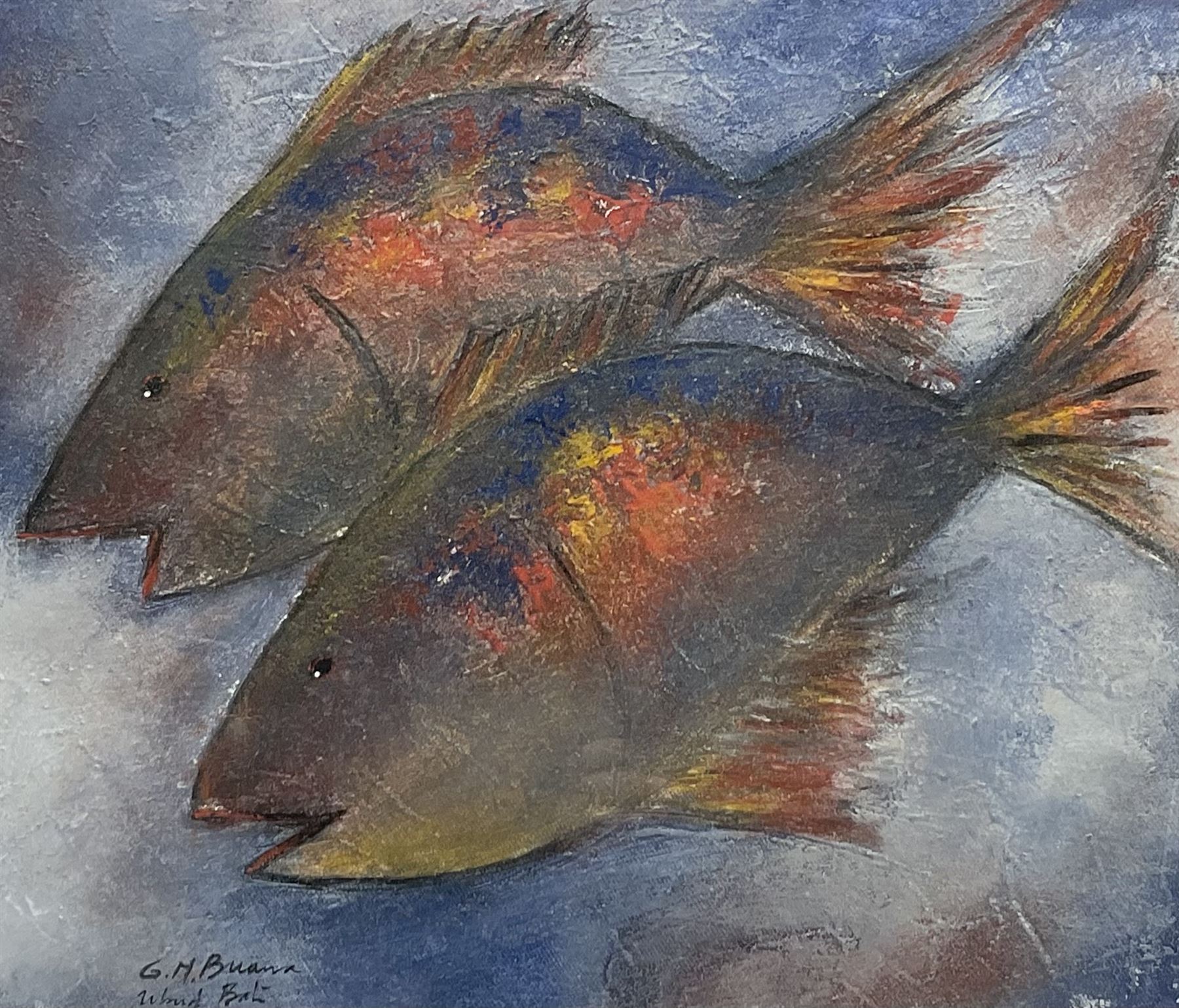 G M Buana (Balinese 20th century): 'Ubud Bali' Fish, mixed media signed and titled 36cm x 42cm