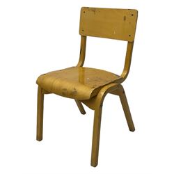 Mid-20th century beechwood school desk, rectangular lift-top desk with storage compartment, supported by square legs with cross stretchers; four matching beech chairs (5)