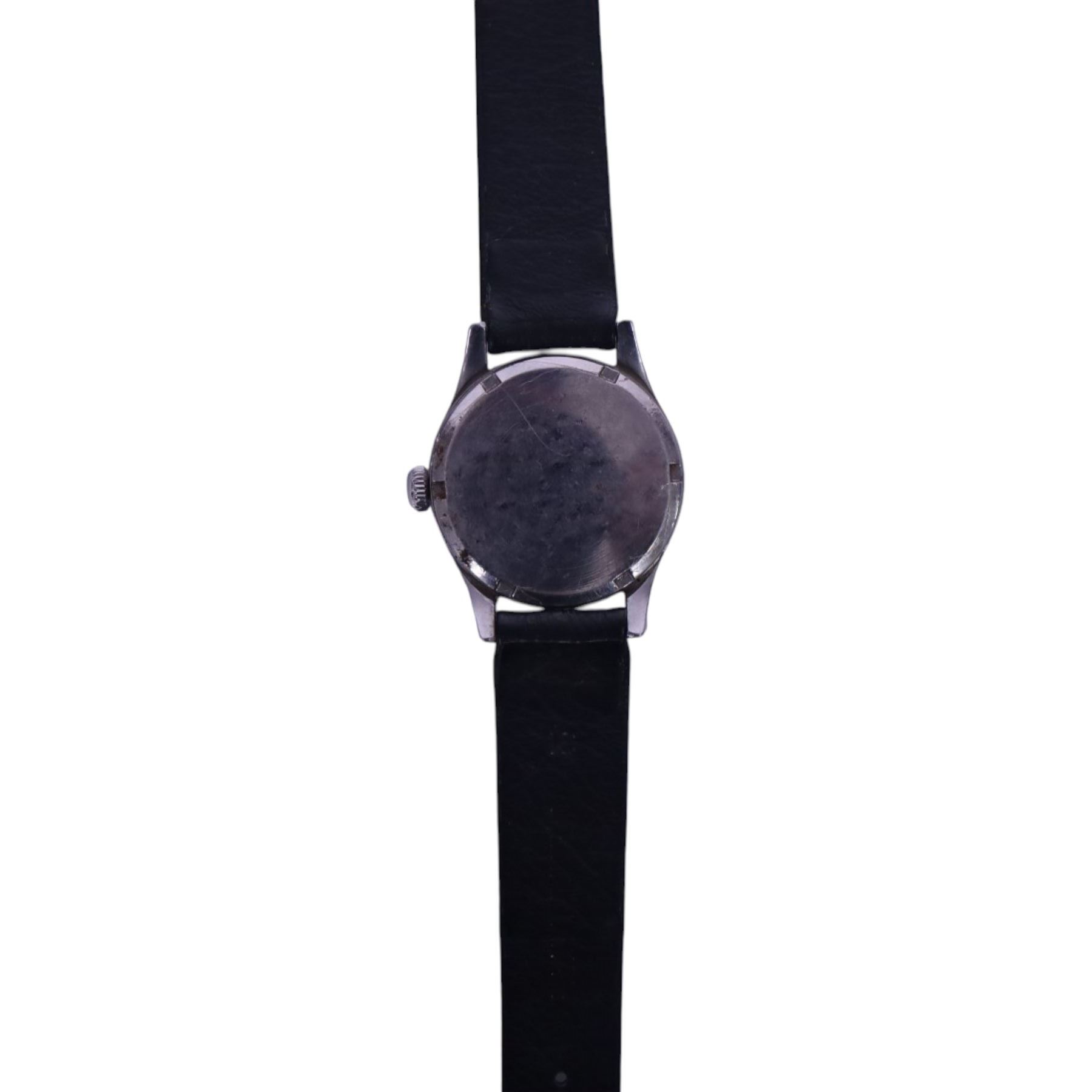 Omega, chrome plated military-style wristwatch, circa 1940, with leather strap