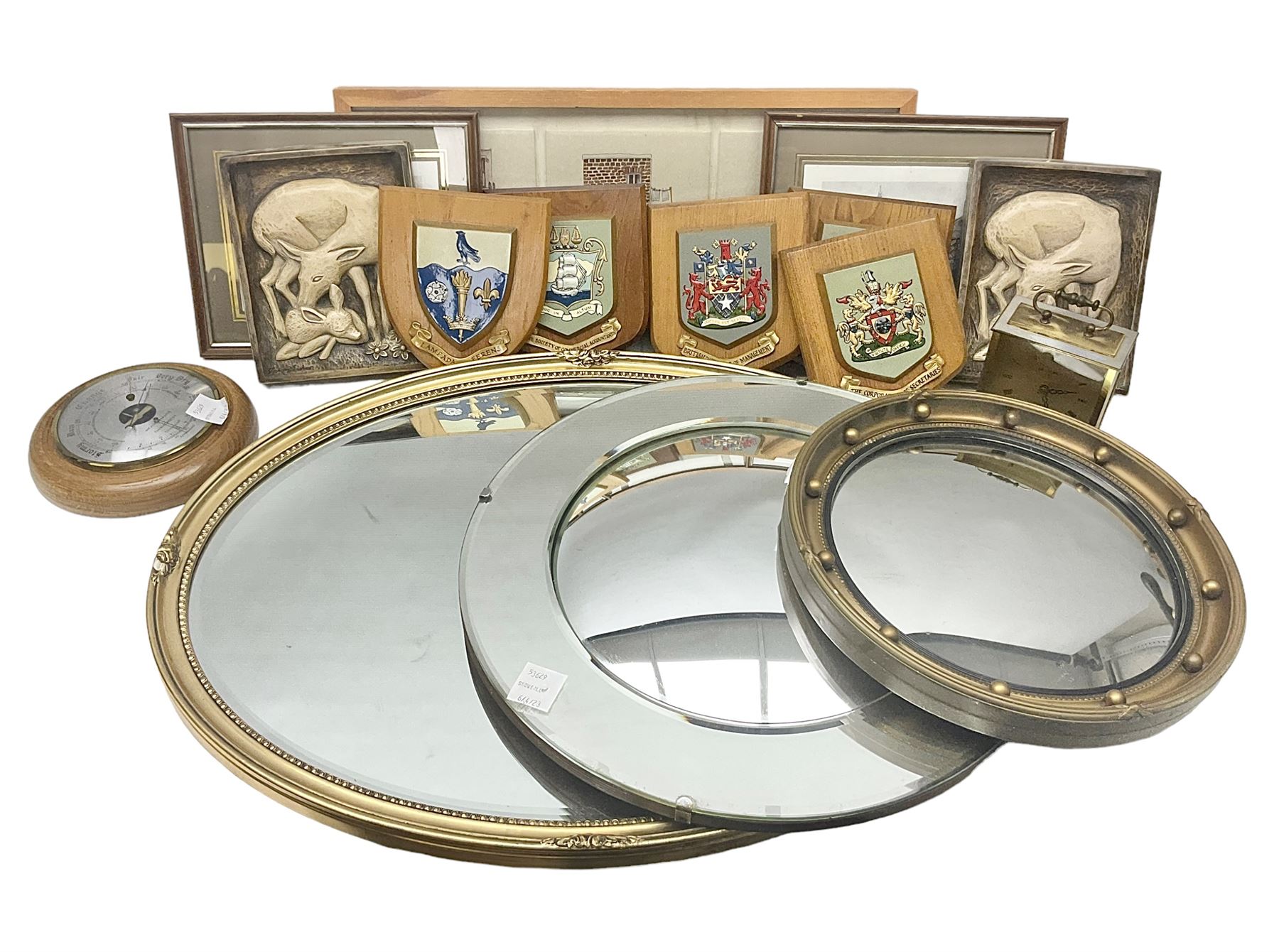 Two ceramic plaques by Richard Fisher, together with wooden plaques, artwork and three mirrors 