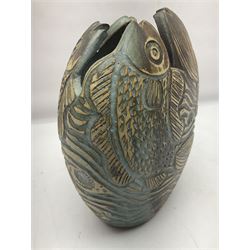 John Egerton (c1945-): studio pottery stoneware vase, decorated with fish and ammonites, H24cm