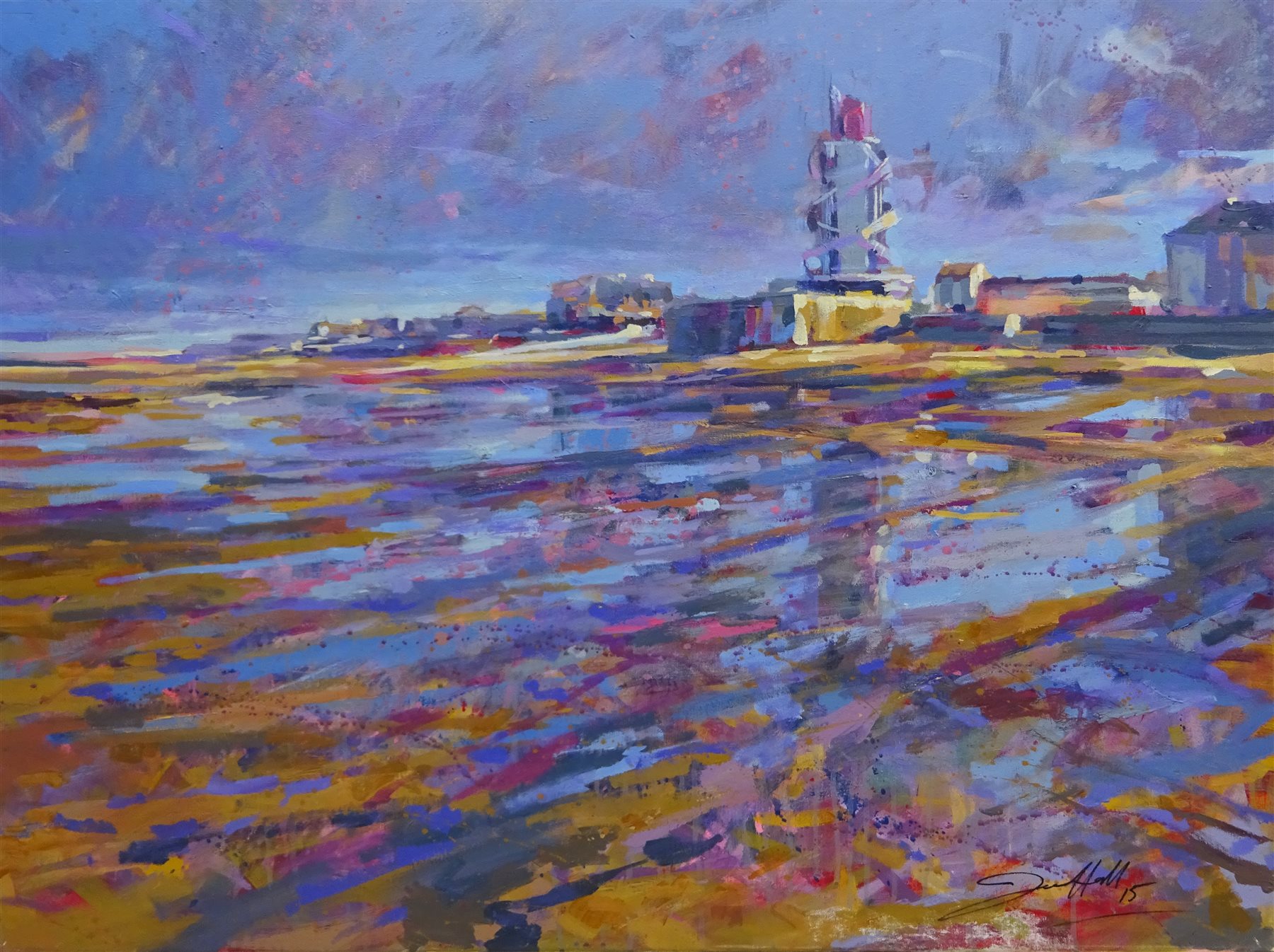 Jon Hall (Northern British 1956-): Redcar Beach, oil on canvas signed and dated '15, 75cm x 101cm (unframed)
Notes: Jon, aka Suncage, is a dedicated plein air painter in all manner of weather conditions. Jon is originally from the Hetton area of County Durham and trained at the old College of Art, Newcastle. He refers to himself as a Limner rather than an artist, describing himself as someone who describes something by painting or drawing it. Jon set a challenge for himself called ‘The Limner's Contract’, a contract with himself to complete paintings on site, every day for a year. Over 500 sketches were painted and chronicled with photographs and videos over the course of the year

