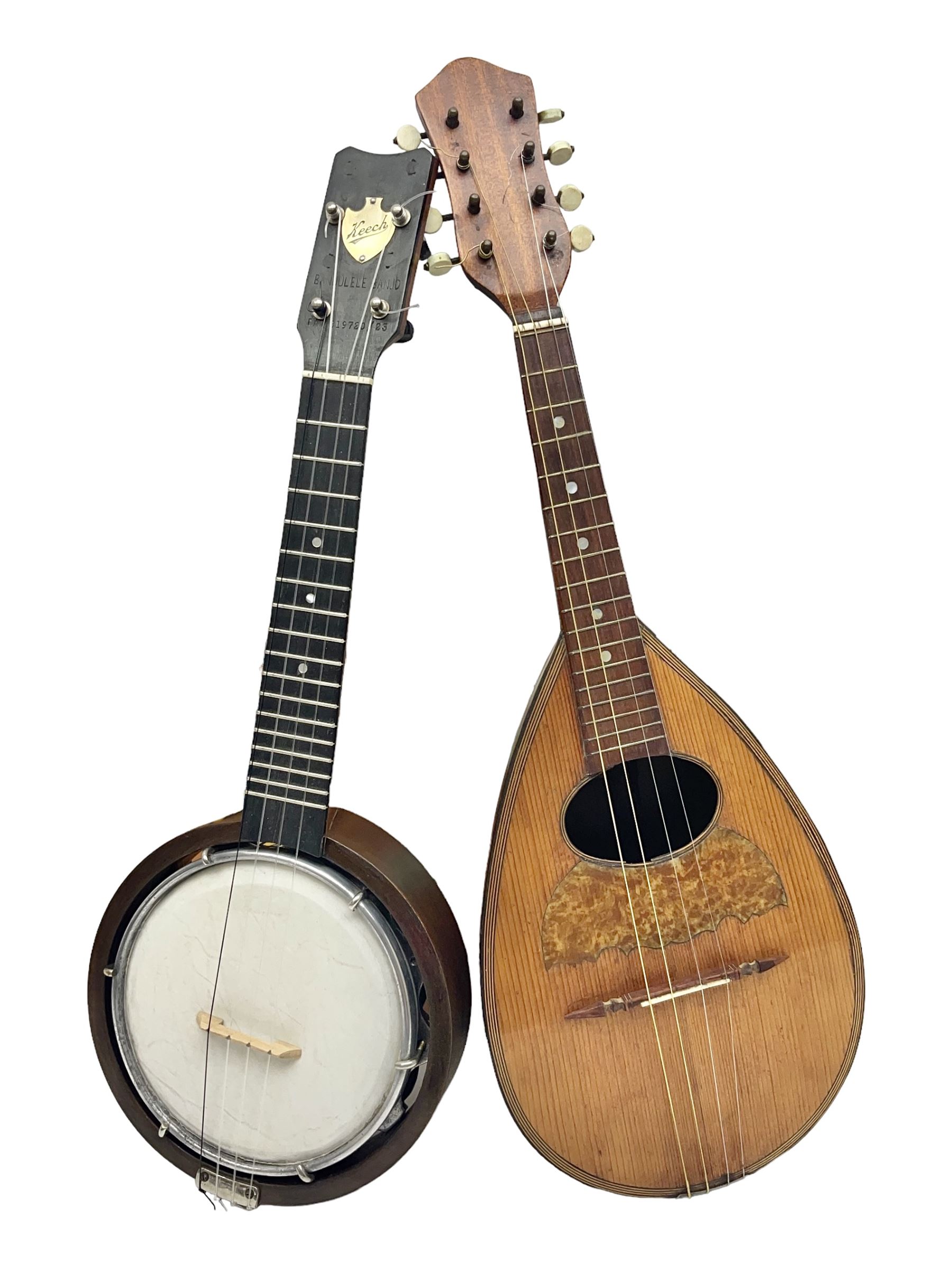 W.D. Keech banjolele pat.219720/23 with etched signature to the back; serial no.A12082 L55cm; and a restored Italian mandolin with segmented lute back; together with three music books