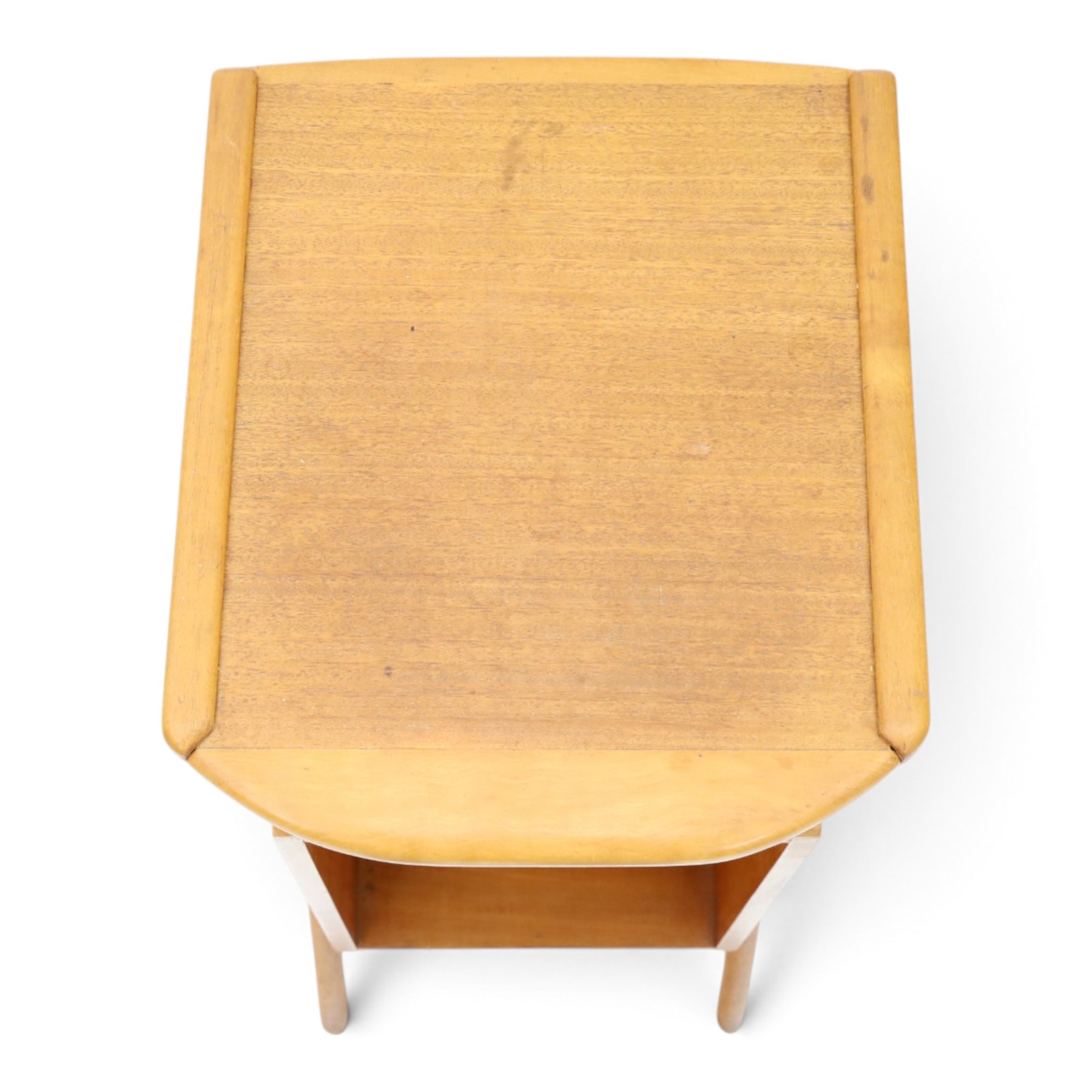 Mid-20th century teak side table with sliding top tray, raised sliding top above an open recess with two shelves, shaped frame support