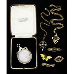 Early 20th century gold opal and seed pearl necklace and a garnet necklace, both on later chains, two gold stone set brooches, all 9ct, silver medallion, Norwegian silver enamel butterfly brooch by Hroar Prydz and one other silver brooch
