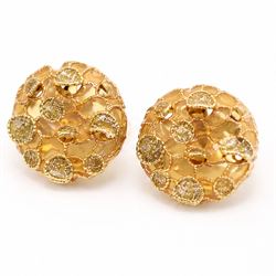 Pair of 18ct gold plique-à-jour earrings, each circular stud with yellow and gold glitter plique-à-jour decoration, some raised within a beaded and rope twist framework, stamped 750