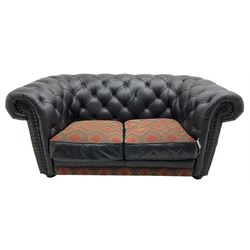 Barker and Stonehouse - chesterfield two seat sofa, upholstered in buttoned black leather and red and green geometric pattern fabric, with scatter cushions, studded detail 