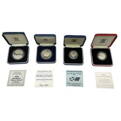 Four The Royal Mint United Kingdom silver proof coins, 1986 Commonwealth Games two pounds, 1981 crown, 1990 crown and 1995 Second World War piedfort two pounds, all cased with certificates
