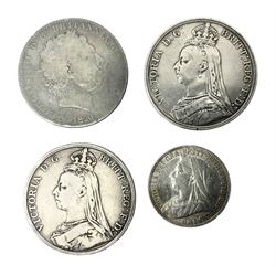 George III 1820 silver crown coin, two Queen Victoria crowns dated 1887, 1892 and an 1897 two shillings 