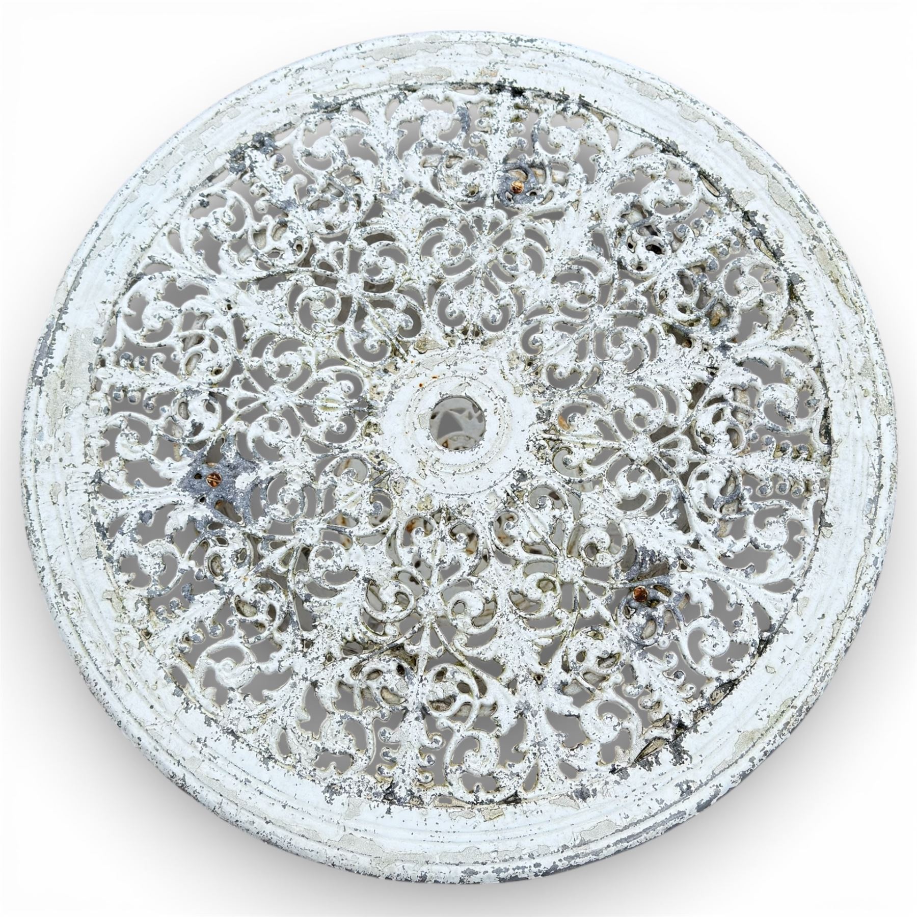 Victorian cast iron white painted garden chairs and table with aluminium top