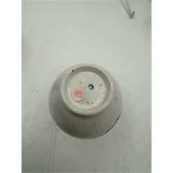 18th century Caughley blue and white sparrow jug, decorated in the Mother and Child pattern, circa 1780-1790, with underglaze C mark beneath, H9cm, together with a Worcester coffee cup, circa 1785 painted with floral sprays in underglaze blue and gilt, with crescent mark beneath, and a Caughley trio of tea cup, tea bowl and saucer, each of moulded wrythen fluted form and decorated with gilt and blue sprigs and bands, each with crescent mark beneath, (5)