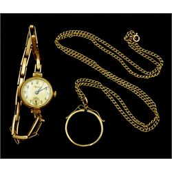Gold sovereign holder, on gold necklace and a gold Alpina manual wind ladies wristwatch, on gold expanding link bracelet