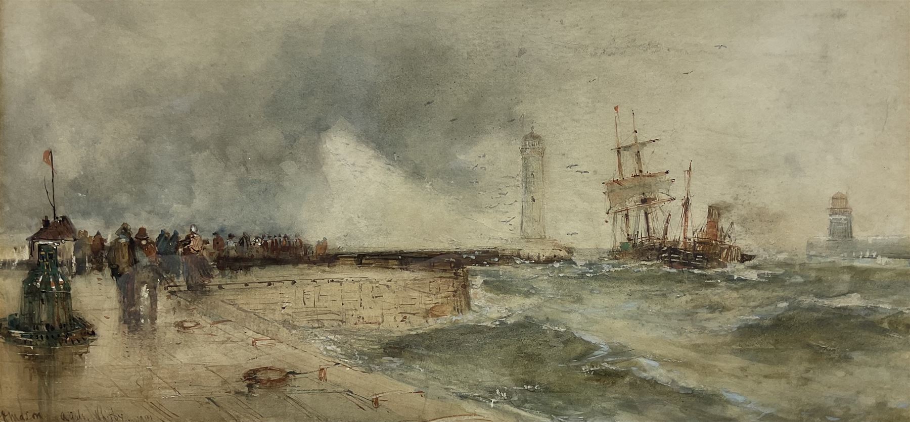 Frank Henry Mason (Staithes Group 1875-1965): 'A Gale Whitby', watercolour signed inscribed and dated 1901, 21cm x 44cm