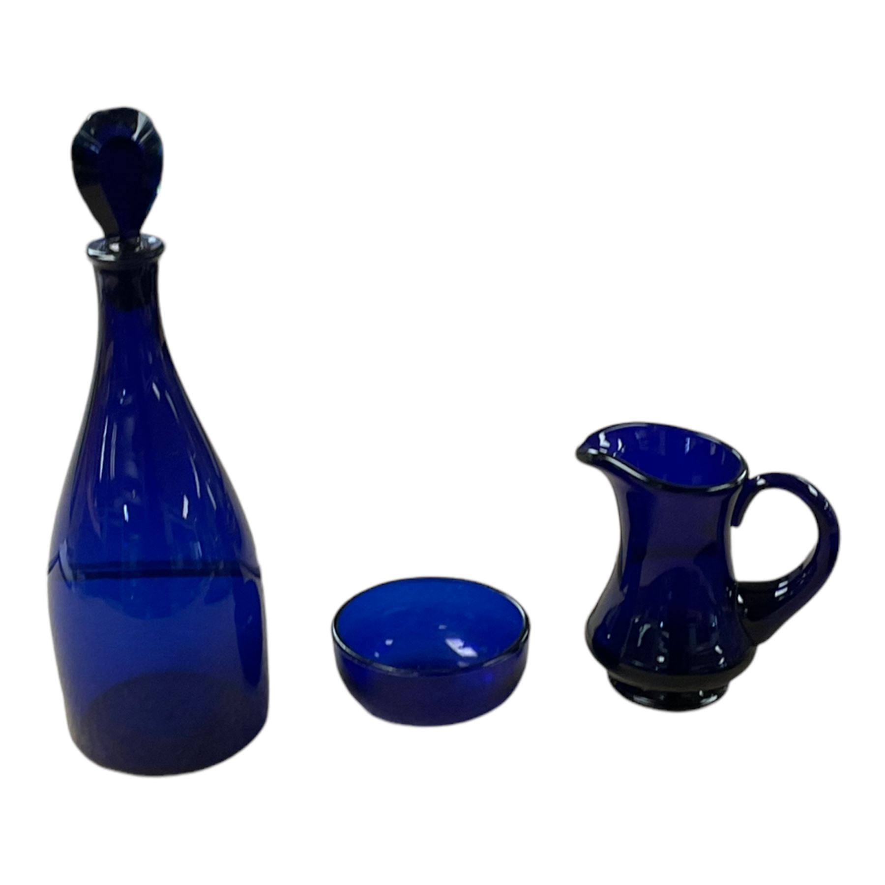 Thomas Webb 'Bristol Blue' glass jug, together with decanter and bowl