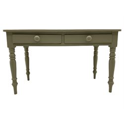 Victorian painted pine table, boarded top over two drawers, turned supports
